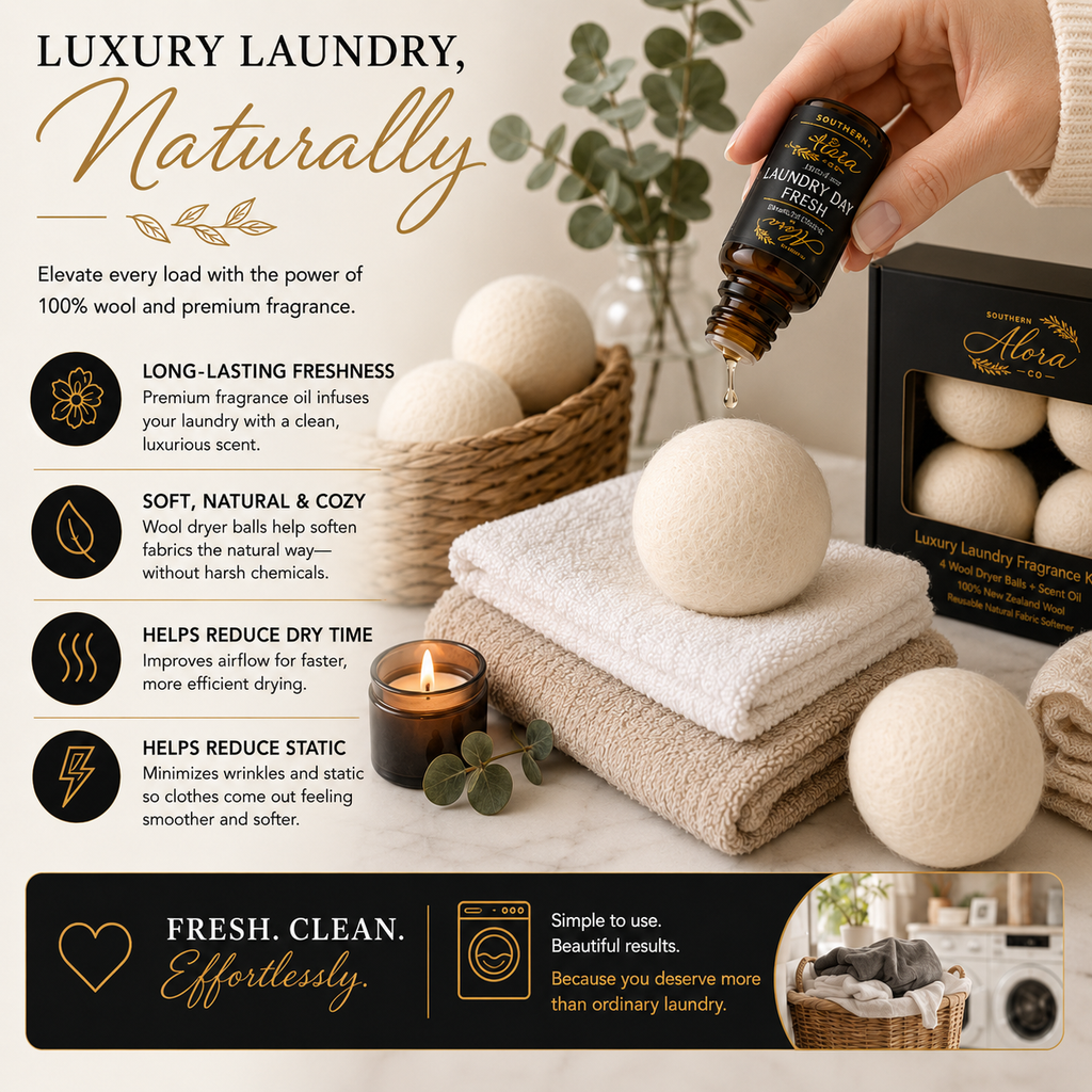 Luxury Laundry Fragrance Kit | 4 Wool Dryer Balls + Scent Oil | Southern Alora Co