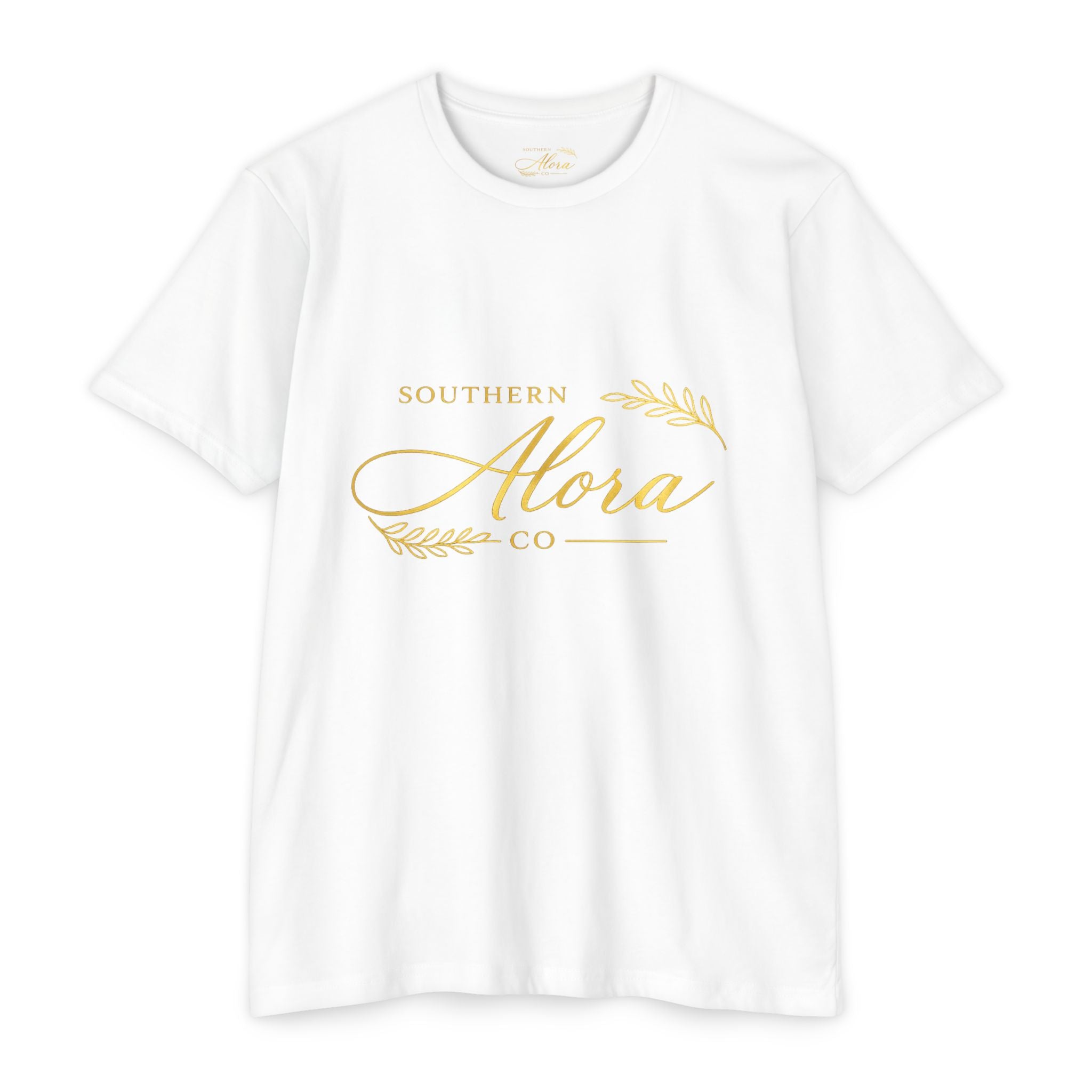 Southern Alora Co script logo T-Shirt | Gold botanical emblem