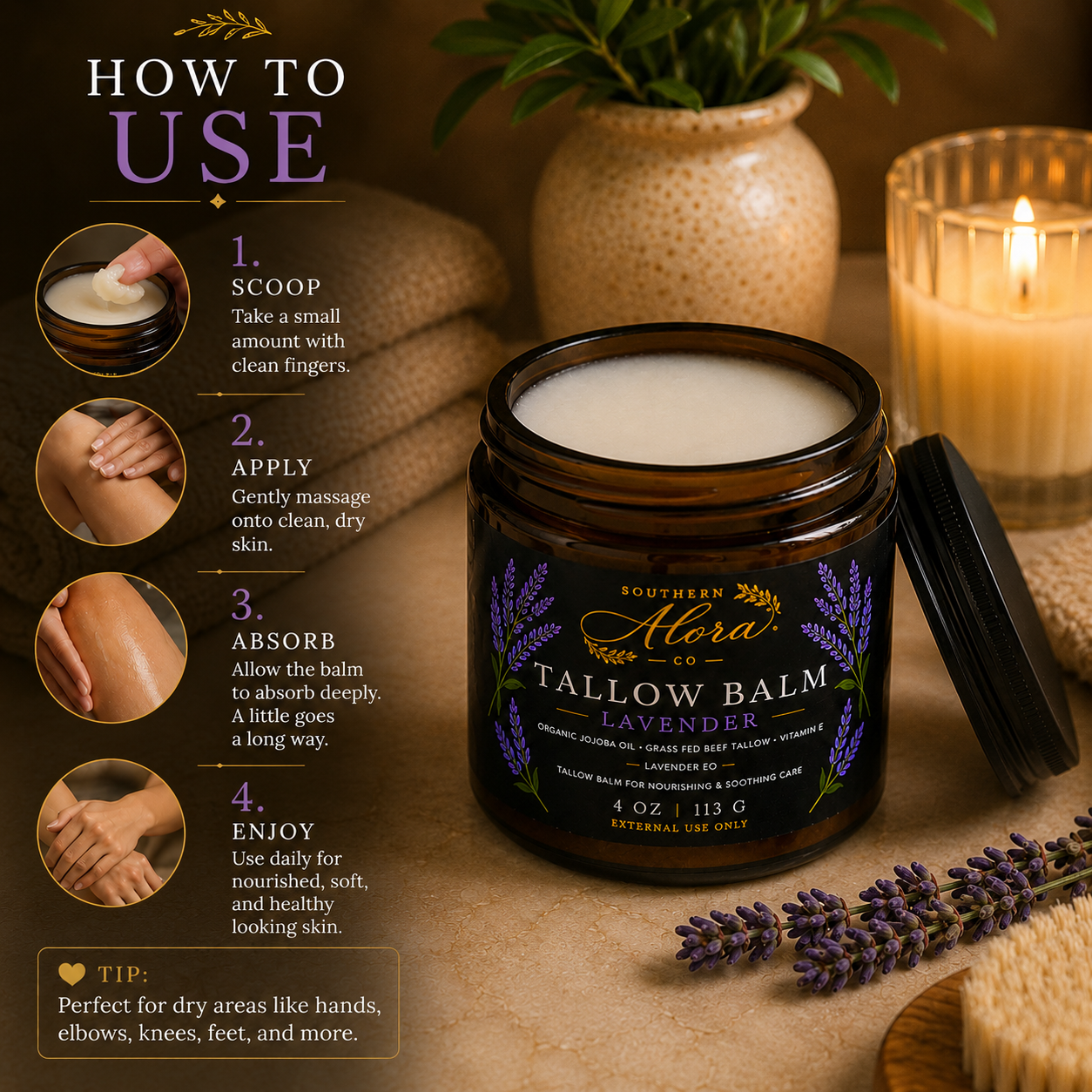 Lavender Tallow Balm – Grass Fed Beef Tallow & Organic Jojoba Oil | 4 oz