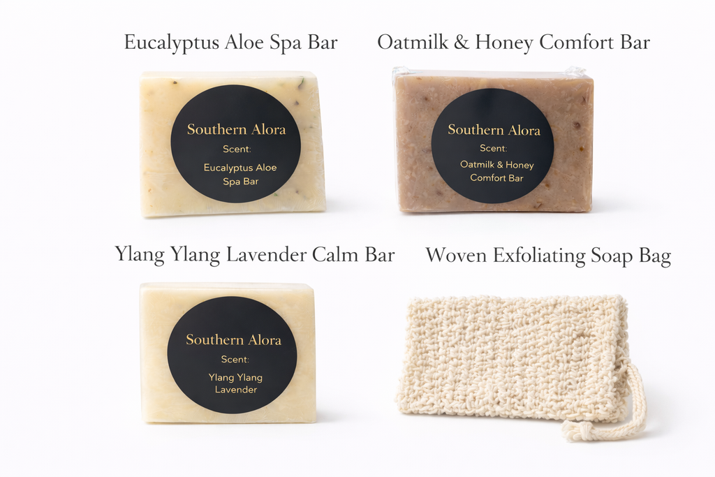 Artisan Soap Sampler Set – 3 Cold Process Soap Bars + Exfoliating Bag