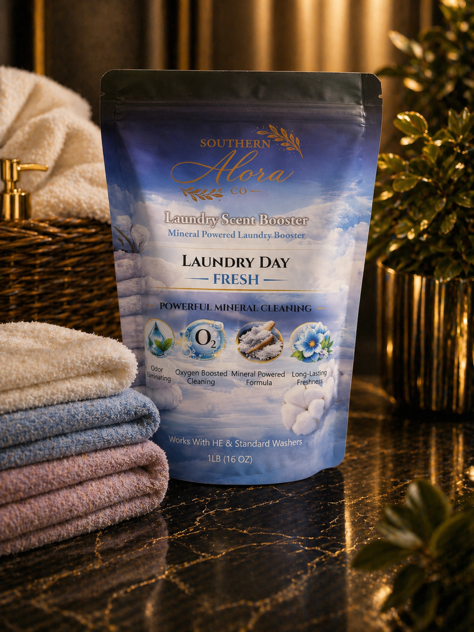Southern Alora Laundry Scent Booster – Laundry Day Fresh | Oxygen Boost Formula | Odor Eliminator + Deep Cleaning Mineral Powder | Long-Lasting Freshness | HE Safe (1 lb