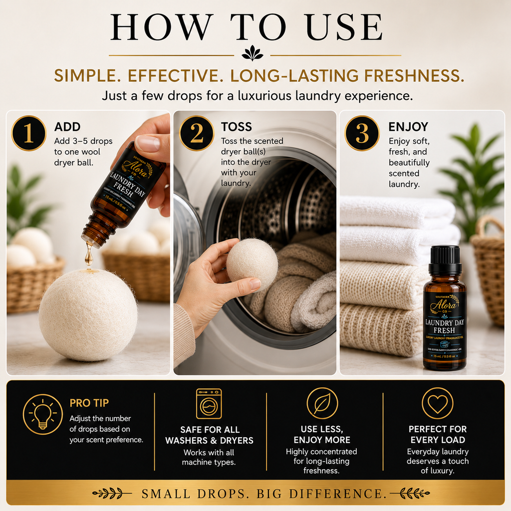 Luxury Laundry Fragrance Kit | 4 Wool Dryer Balls + Scent Oil | Southern Alora Co