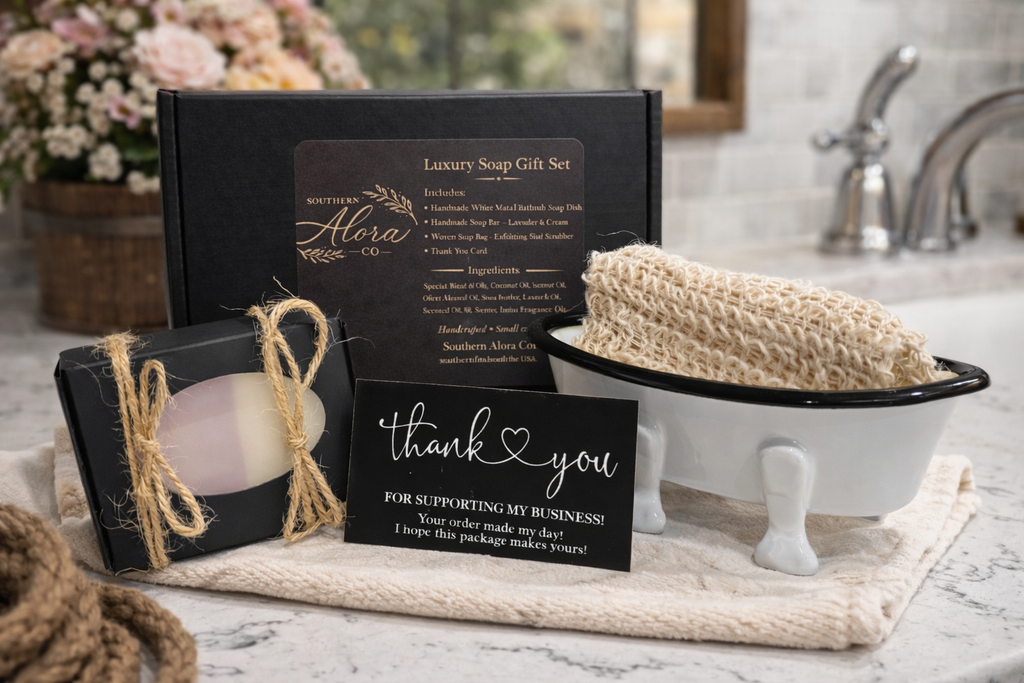 Luxury Handmade Soap Gift Set – Lavender Soap, Farmhouse Bathtub Dish & CASA AGAVE® Exfoliating Bag