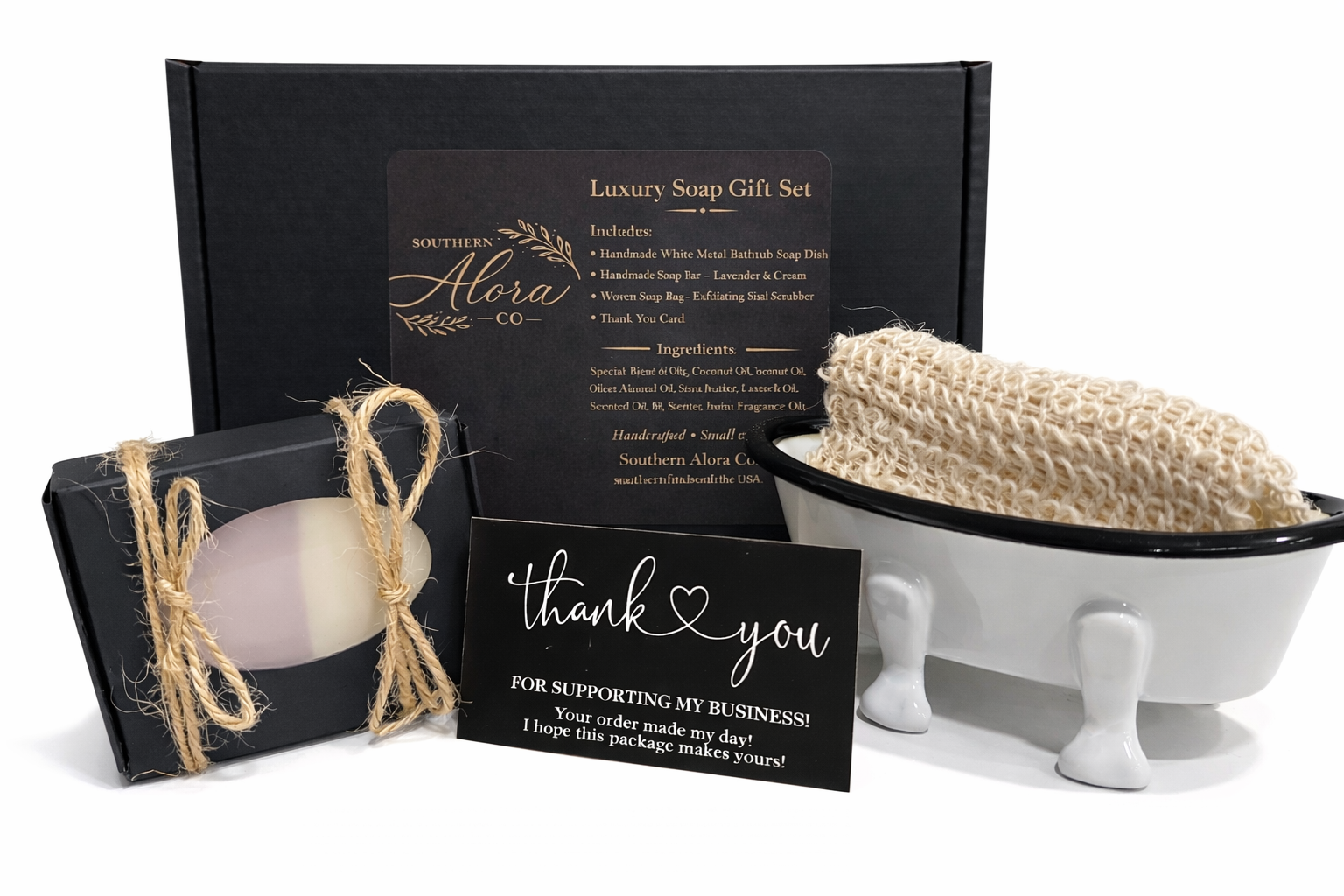 Luxury Handmade Soap Gift Set – Lavender Soap, Farmhouse Bathtub Dish & CASA AGAVE® Exfoliating Bag