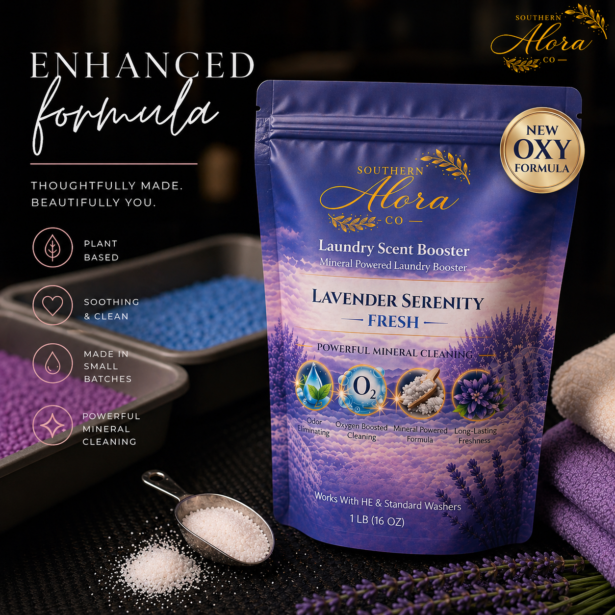 Southern Alora Laundry Scent Booster –Lavender Serenity Fresh  | Oxygen Boost Formula | Odor Eliminator + Deep Cleaning Mineral Powder | Long-Lasting Freshness | HE Safe (1 lb