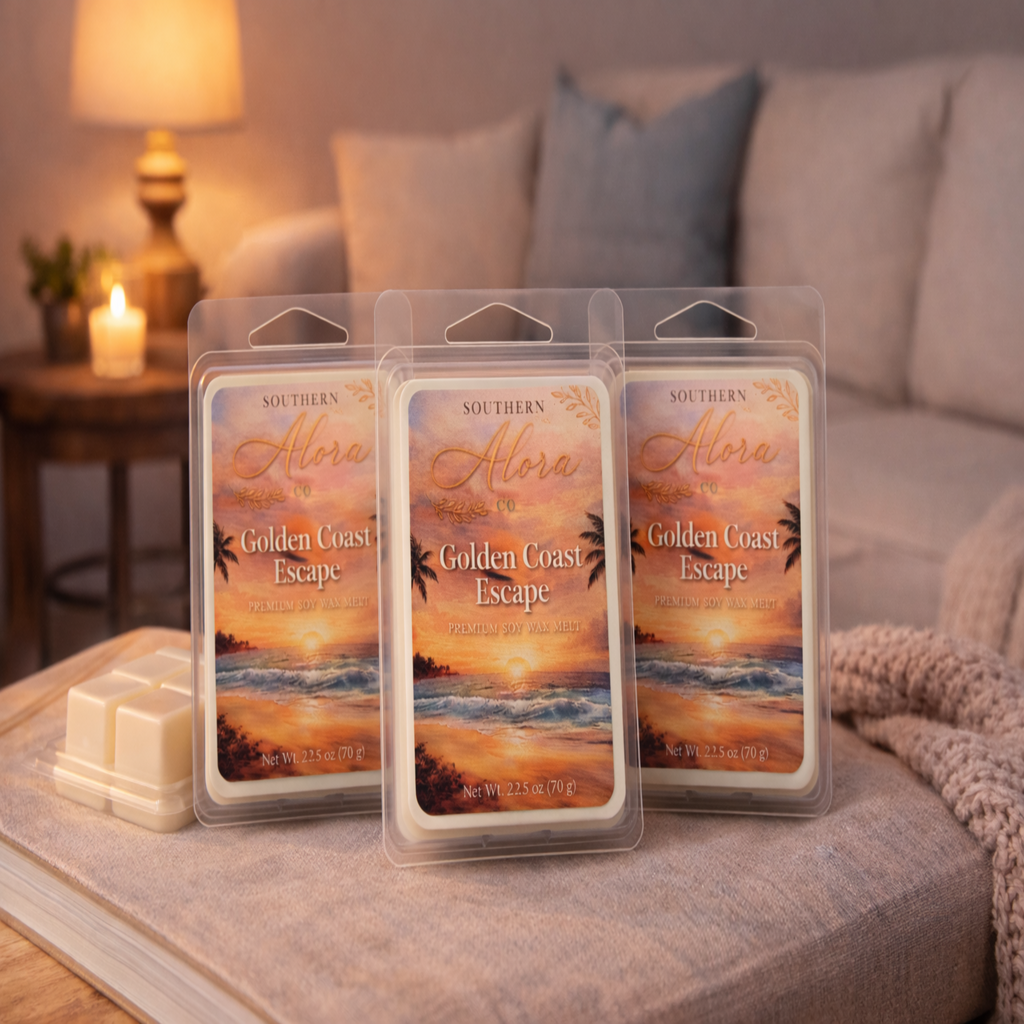 Golden Coast Escape Soy Wax Melts – Signature Line, Strong Scent, Hand-Poured in USA | Southern Alora Co
