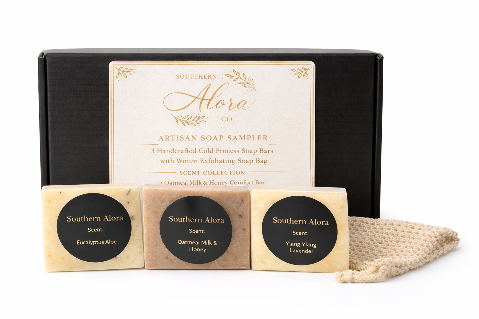 Artisan Soap Sampler Set – 3 Cold Process Soap Bars + Exfoliating Bag
