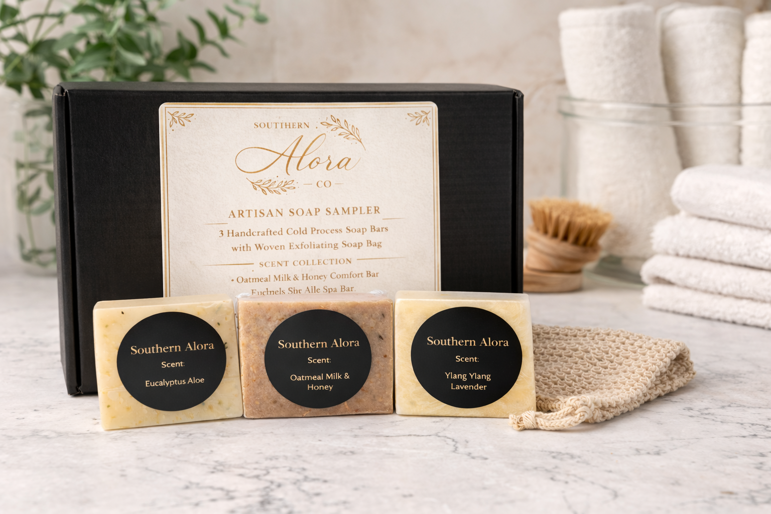 Artisan Soap Sampler Set – 3 Cold Process Soap Bars + Exfoliating Bag