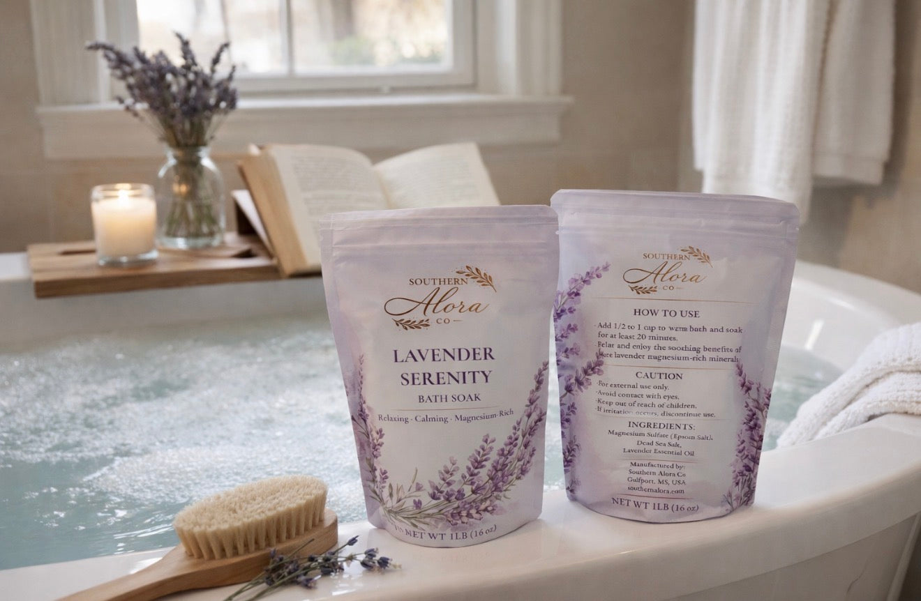 Lavender Serenity Mineral Bath Soak – Epsom & Dead Sea Salt Lavender Bath Salts | 1 lb | Southern Alora