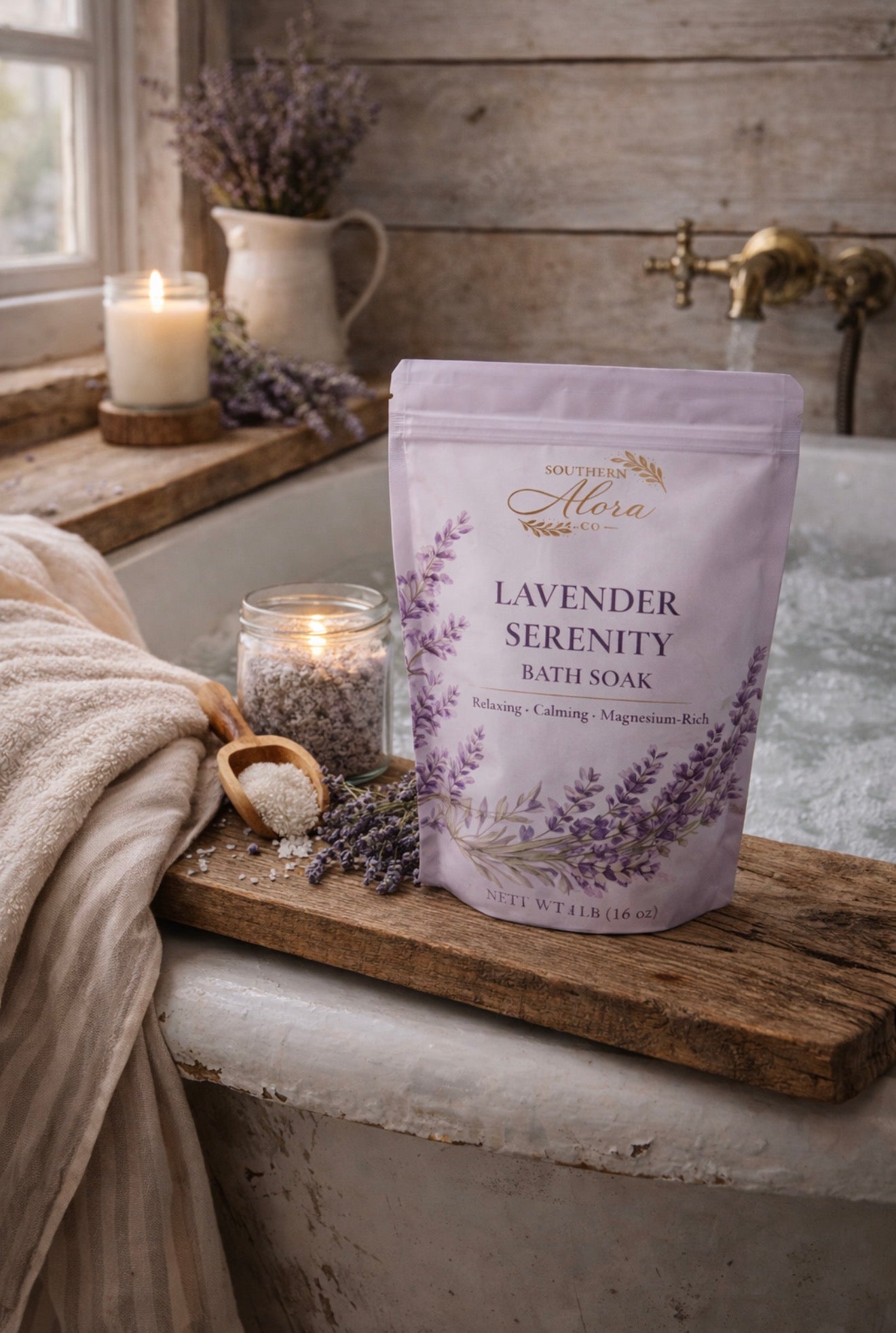 Lavender Serenity Mineral Bath Soak – Epsom & Dead Sea Salt Lavender Bath Salts | 1 lb | Southern Alora