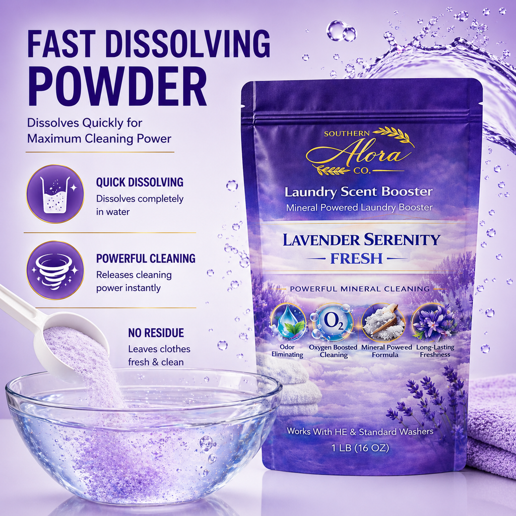 Southern Alora Laundry Scent Booster –Lavender Serenity Fresh  | Oxygen Boost Formula | Odor Eliminator + Deep Cleaning Mineral Powder | Long-Lasting Freshness | HE Safe (1 lb