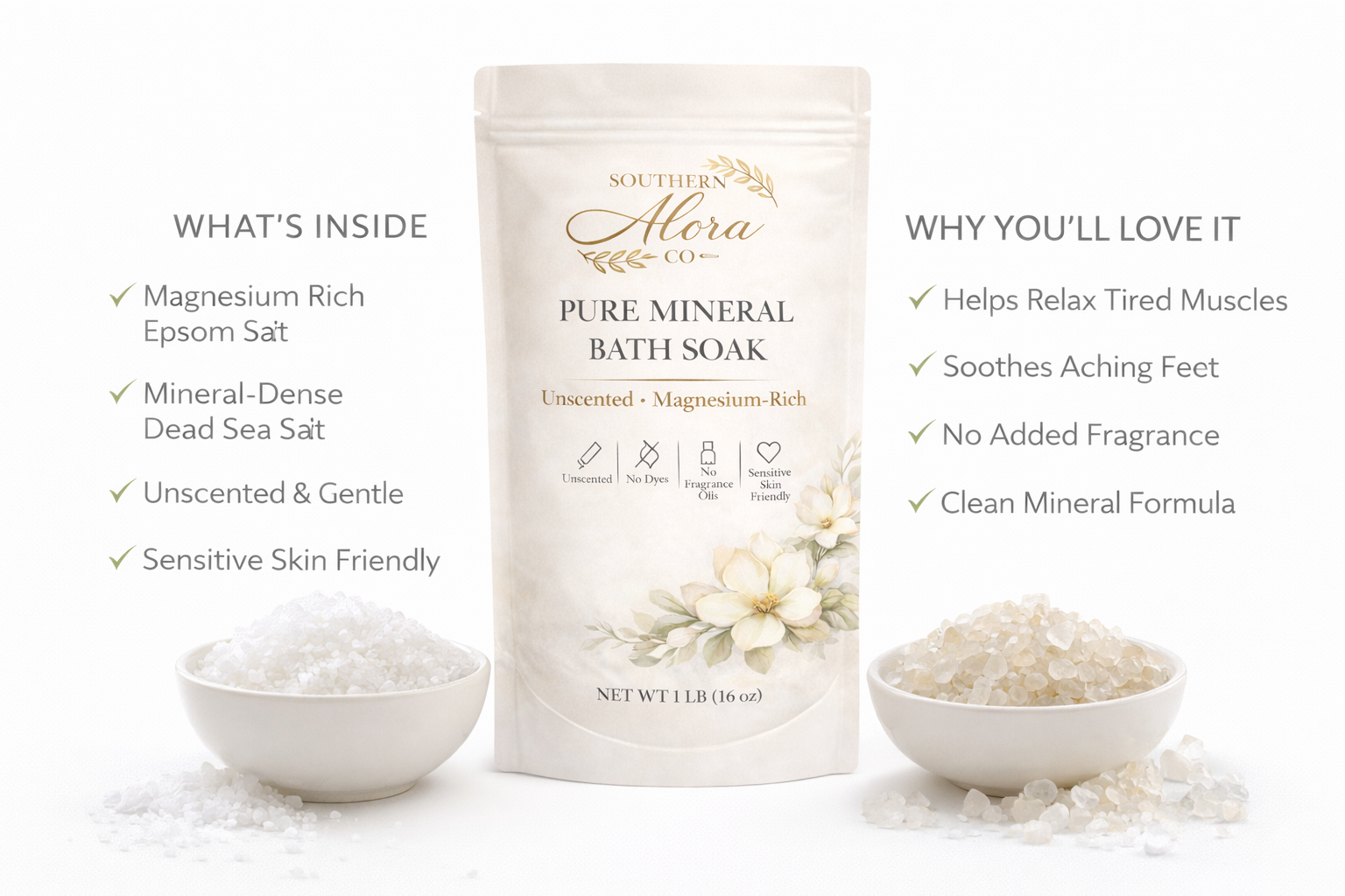 Pure Mineral Bath Soak – Unscented & Magnesium-Rich | 1 lb