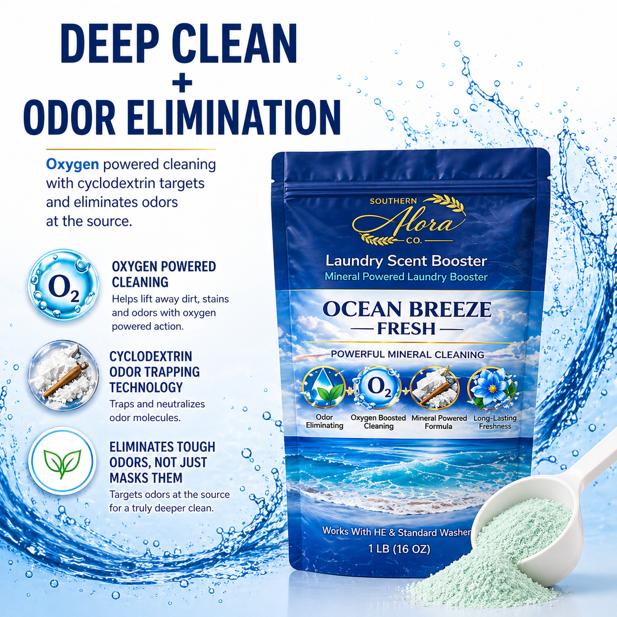 Southern Alora Laundry Scent Booster – Ocean Breeze Fresh  | Oxygen Boost Formula | Odor Eliminator + Deep Cleaning Mineral Powder | Long-Lasting Freshness | HE Safe (1 lb