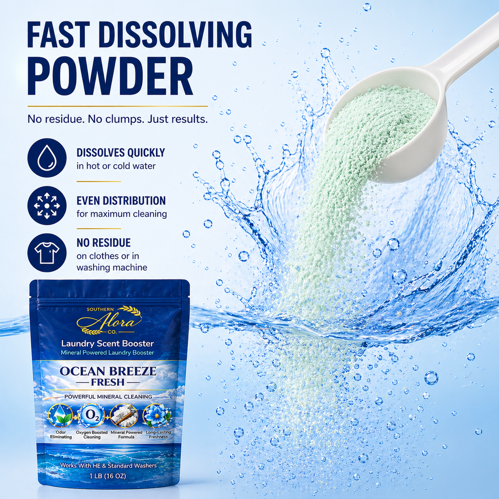 Southern Alora Laundry Scent Booster – Ocean Breeze Fresh  | Oxygen Boost Formula | Odor Eliminator + Deep Cleaning Mineral Powder | Long-Lasting Freshness | HE Safe (1 lb
