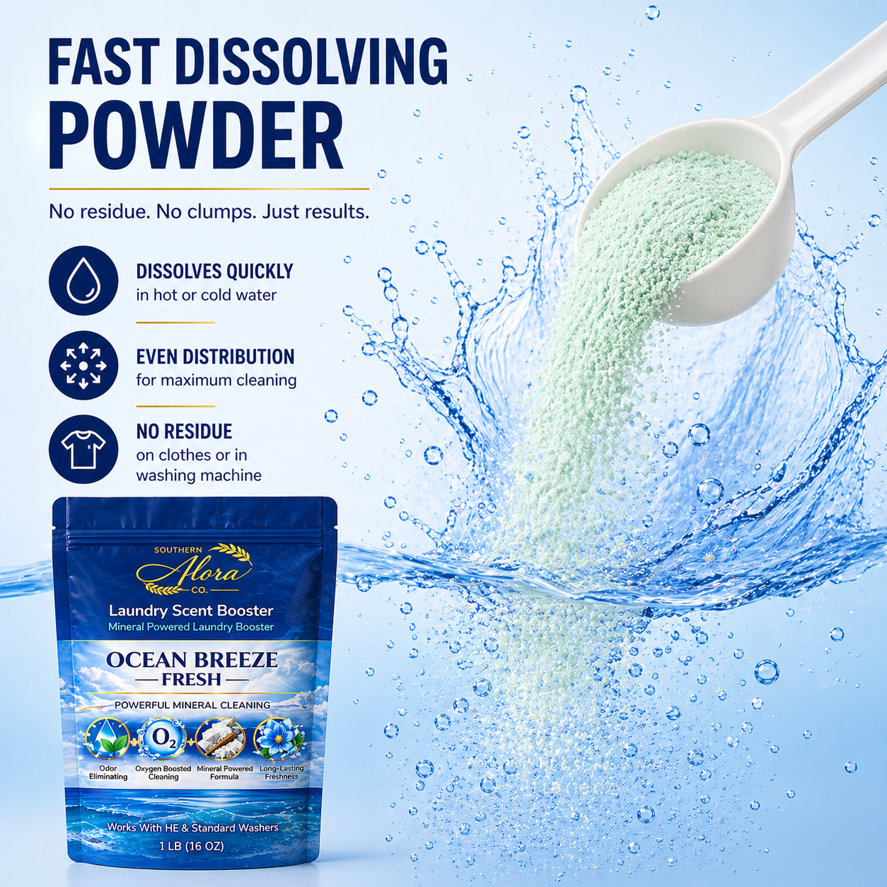 Southern Alora Laundry Scent Booster – Ocean Breeze Fresh  | Oxygen Boost Formula | Odor Eliminator + Deep Cleaning Mineral Powder | Long-Lasting Freshness | HE Safe (1 lb
