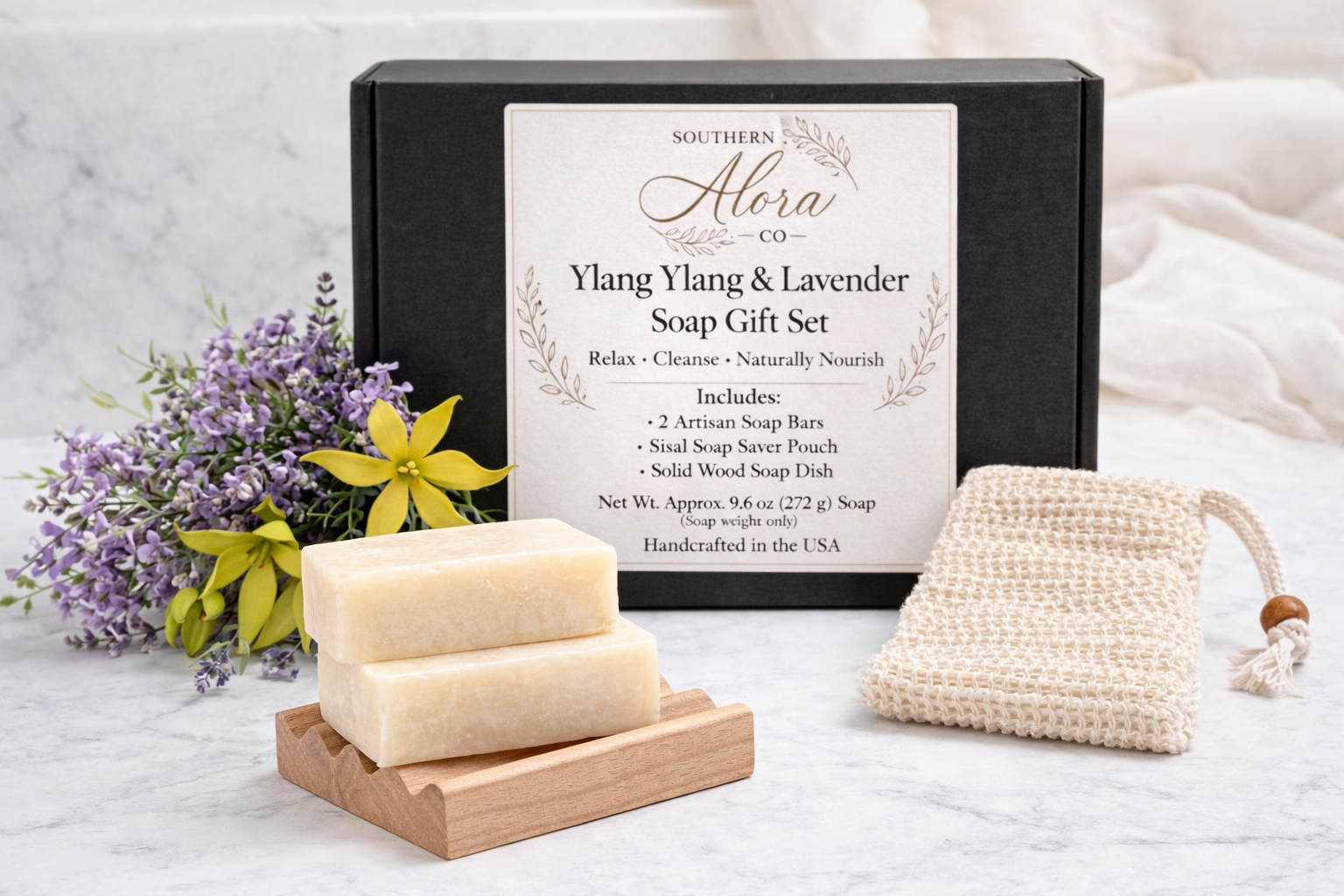 Southern Alora Co Ylang Ylang & Lavender Soap Gift Set – Handmade Soap Bars with Sisal Soap Saver & Wood Soap Dish, Gift Ready