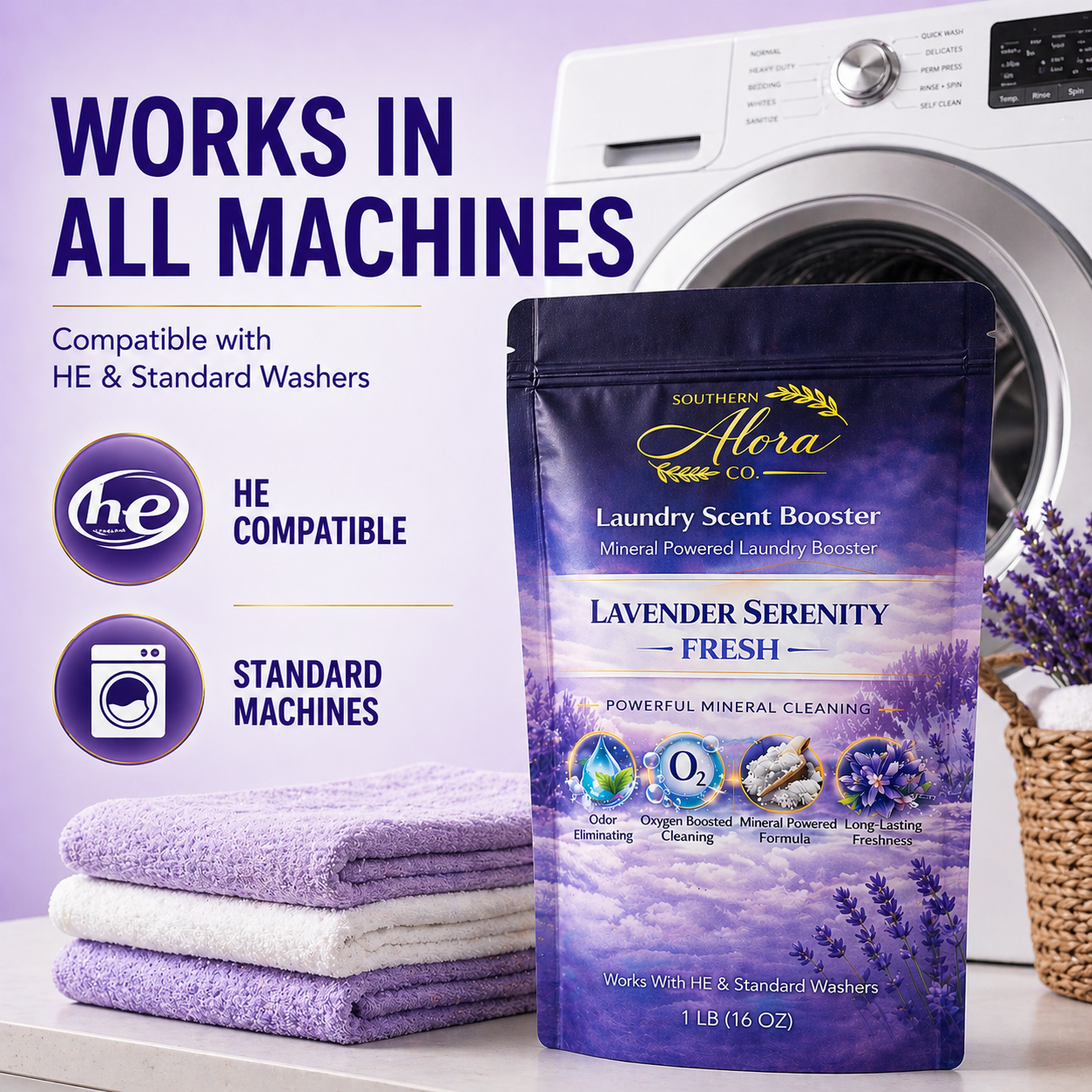Southern Alora Laundry Scent Booster –Lavender Serenity Fresh  | Oxygen Boost Formula | Odor Eliminator + Deep Cleaning Mineral Powder | Long-Lasting Freshness | HE Safe (1 lb
