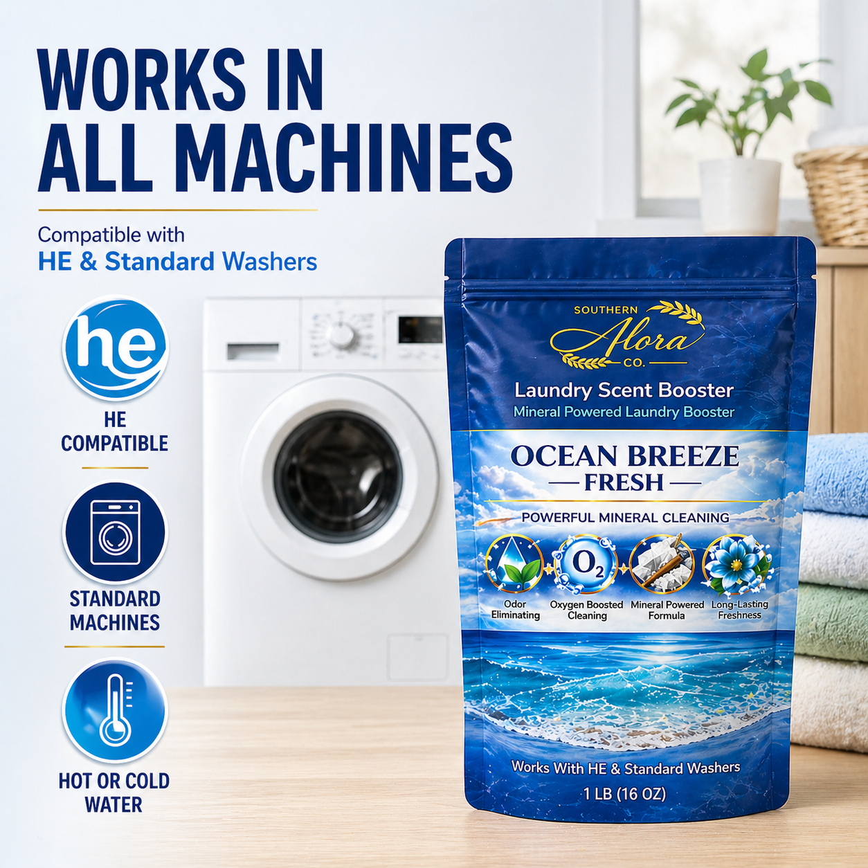 Southern Alora Laundry Scent Booster – Ocean Breeze Fresh  | Oxygen Boost Formula | Odor Eliminator + Deep Cleaning Mineral Powder | Long-Lasting Freshness | HE Safe (1 lb