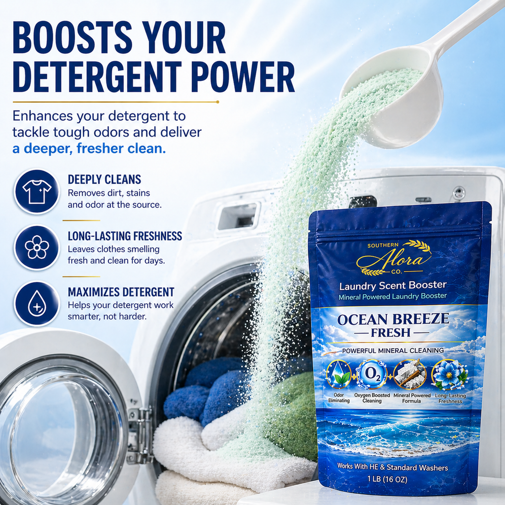 Southern Alora Laundry Scent Booster – Ocean Breeze Fresh  | Oxygen Boost Formula | Odor Eliminator + Deep Cleaning Mineral Powder | Long-Lasting Freshness | HE Safe (1 lb