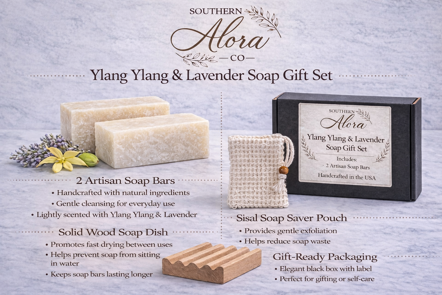 Southern Alora Co Ylang Ylang & Lavender Soap Gift Set – Handmade Soap Bars with Sisal Soap Saver & Wood Soap Dish, Gift Ready