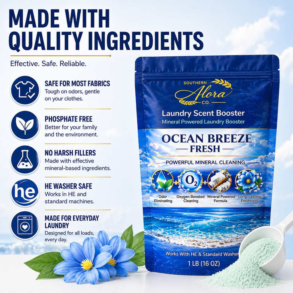 Southern Alora Laundry Scent Booster – Ocean Breeze Fresh  | Oxygen Boost Formula | Odor Eliminator + Deep Cleaning Mineral Powder | Long-Lasting Freshness | HE Safe (1 lb