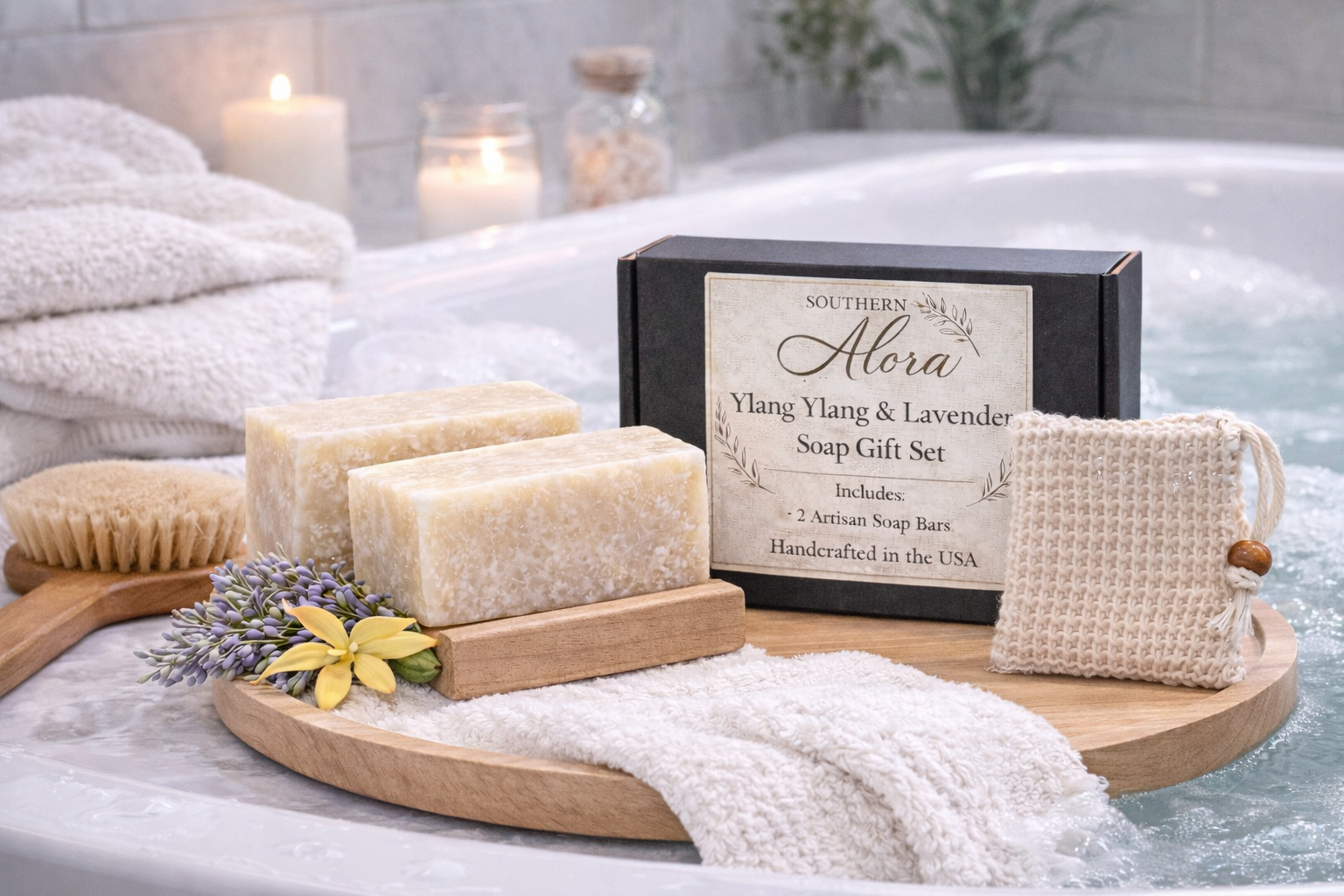 Southern Alora Co Ylang Ylang & Lavender Soap Gift Set – Handmade Soap Bars with Sisal Soap Saver & Wood Soap Dish, Gift Ready
