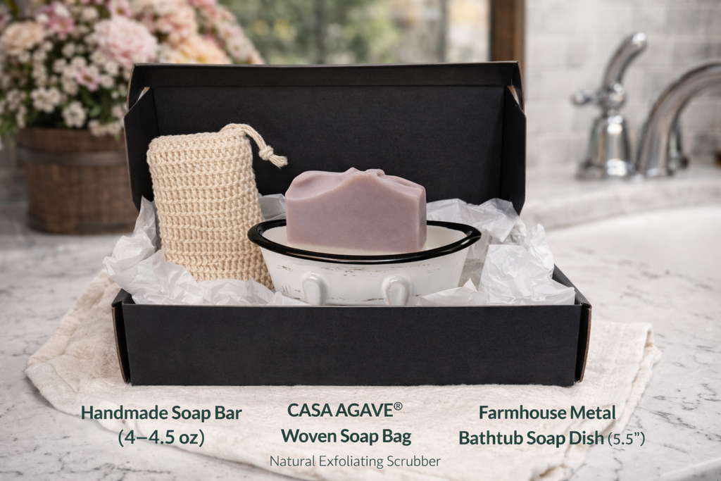Luxury Handmade Soap Gift Set – Lavender Soap, Farmhouse Bathtub Dish & CASA AGAVE® Exfoliating Bag