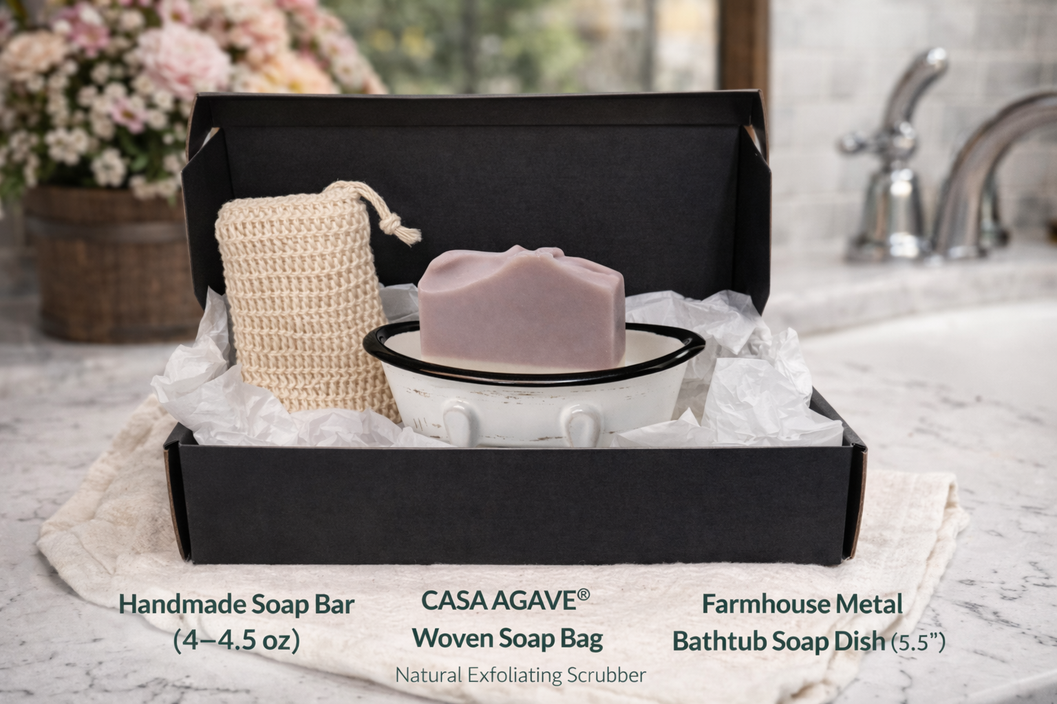 Luxury Handmade Soap Gift Set – Lavender Soap, Farmhouse Bathtub Dish & CASA AGAVE® Exfoliating Bag
