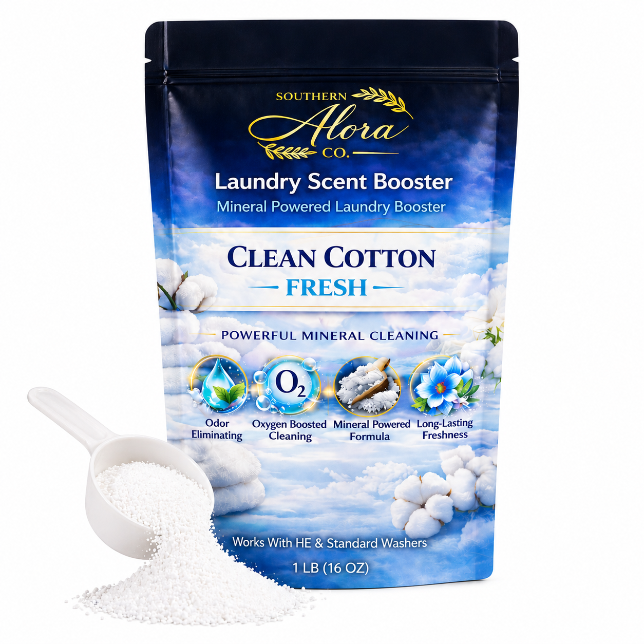 Southern Alora Laundry Scent Booster – Clean Cotton Fresh | Oxygen Boost Formula | Odor Eliminator + Deep Cleaning Mineral Powder | Long-Lasting Freshness | HE Safe (1 lb