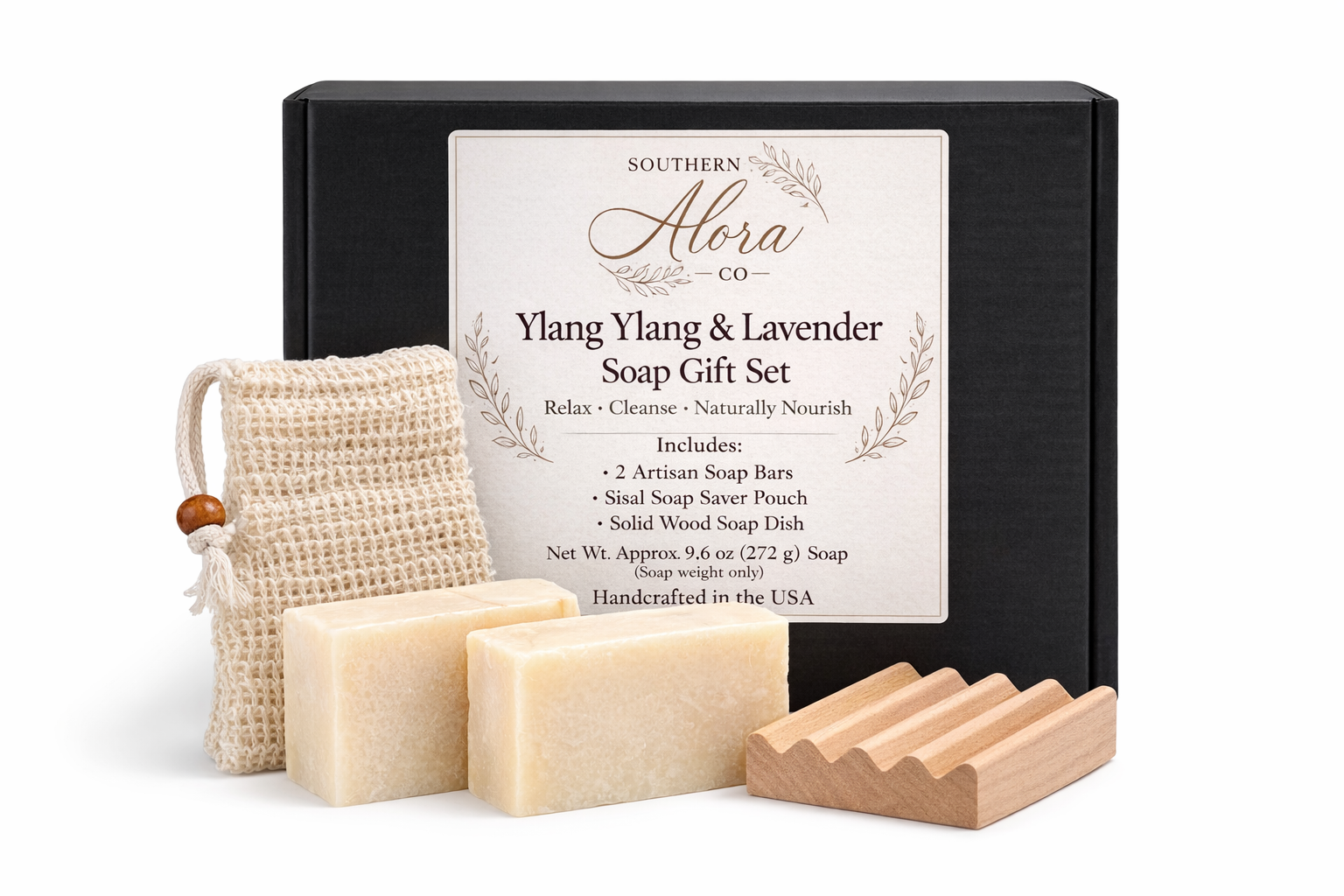 Southern Alora Co Ylang Ylang & Lavender Soap Gift Set – Handmade Soap Bars with Sisal Soap Saver & Wood Soap Dish, Gift Ready