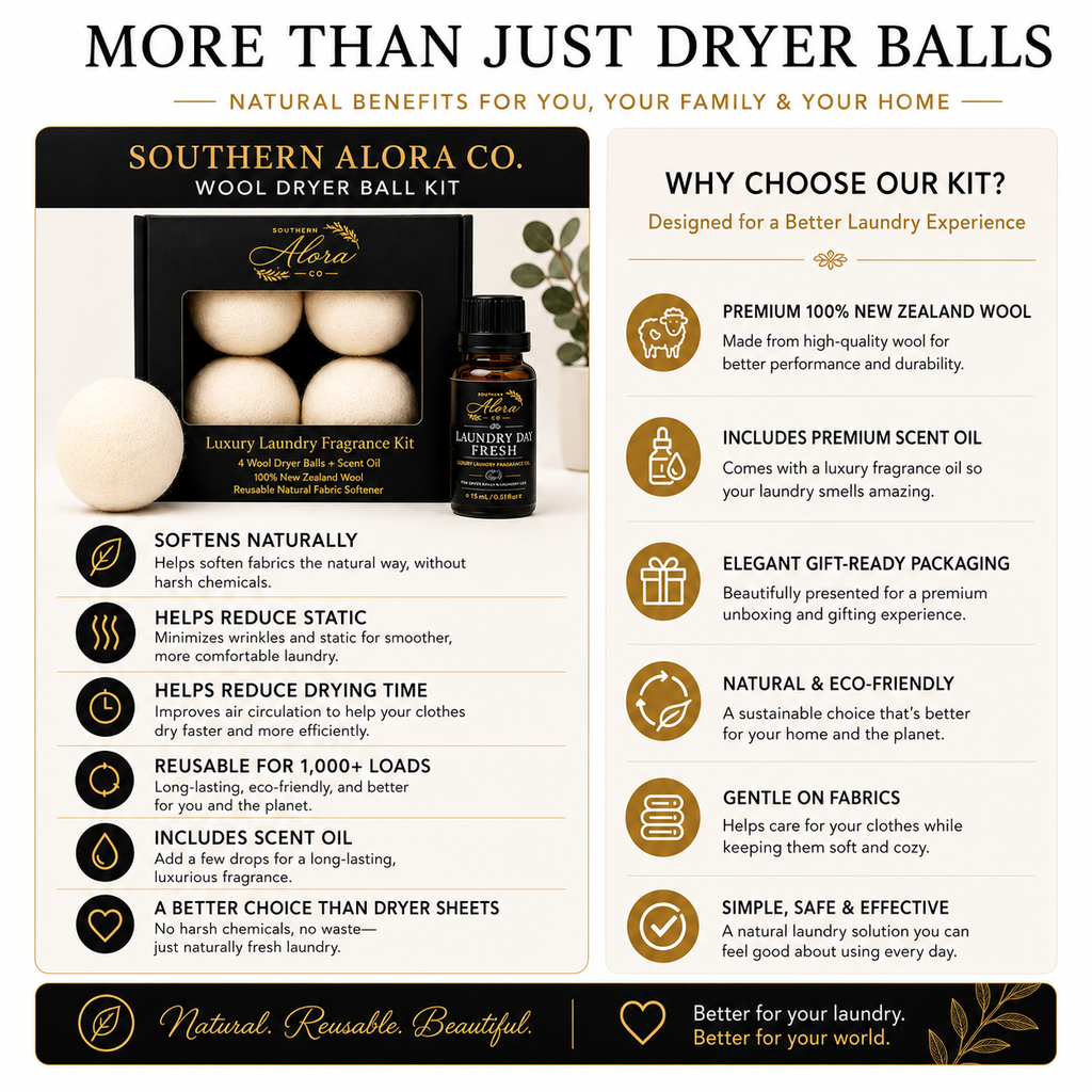 Luxury Laundry Fragrance Kit | 4 Wool Dryer Balls + Scent Oil | Southern Alora Co