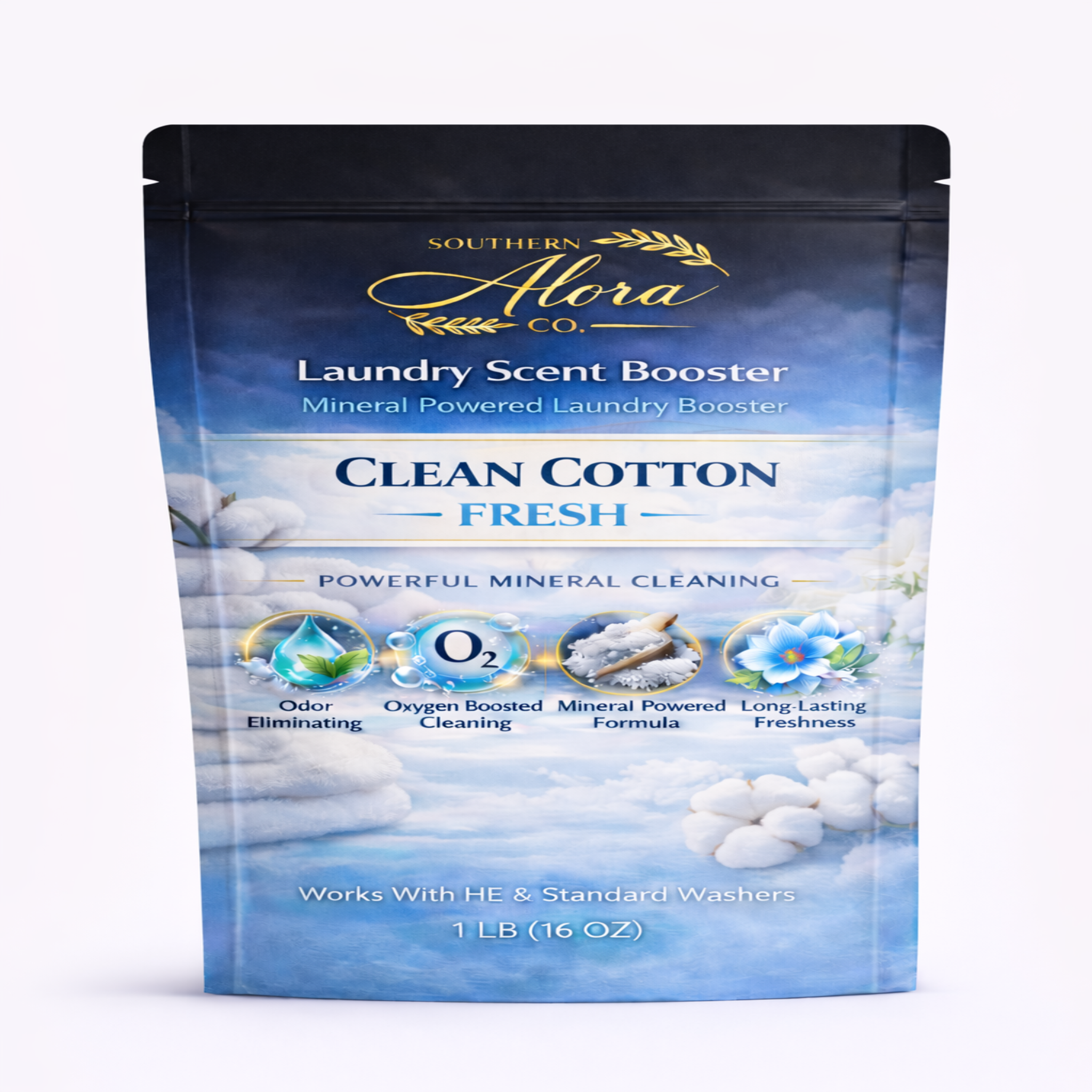 Southern Alora Laundry Scent Booster – Clean Cotton Fresh | Oxygen Boost Formula | Odor Eliminator + Deep Cleaning Mineral Powder | Long-Lasting Freshness | HE Safe (1 lb