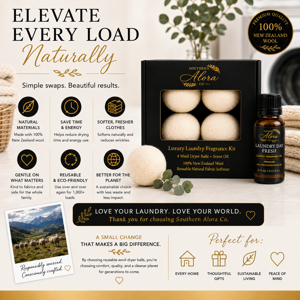 Luxury Laundry Fragrance Kit | 4 Wool Dryer Balls + Scent Oil | Southern Alora Co