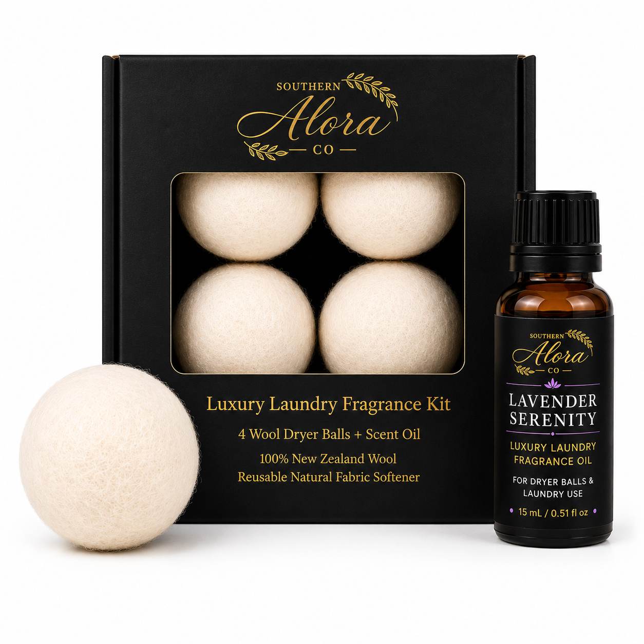 Luxury Laundry Fragrance Kit | 4 Wool Dryer Balls + Scent Oil | Southern Alora Co