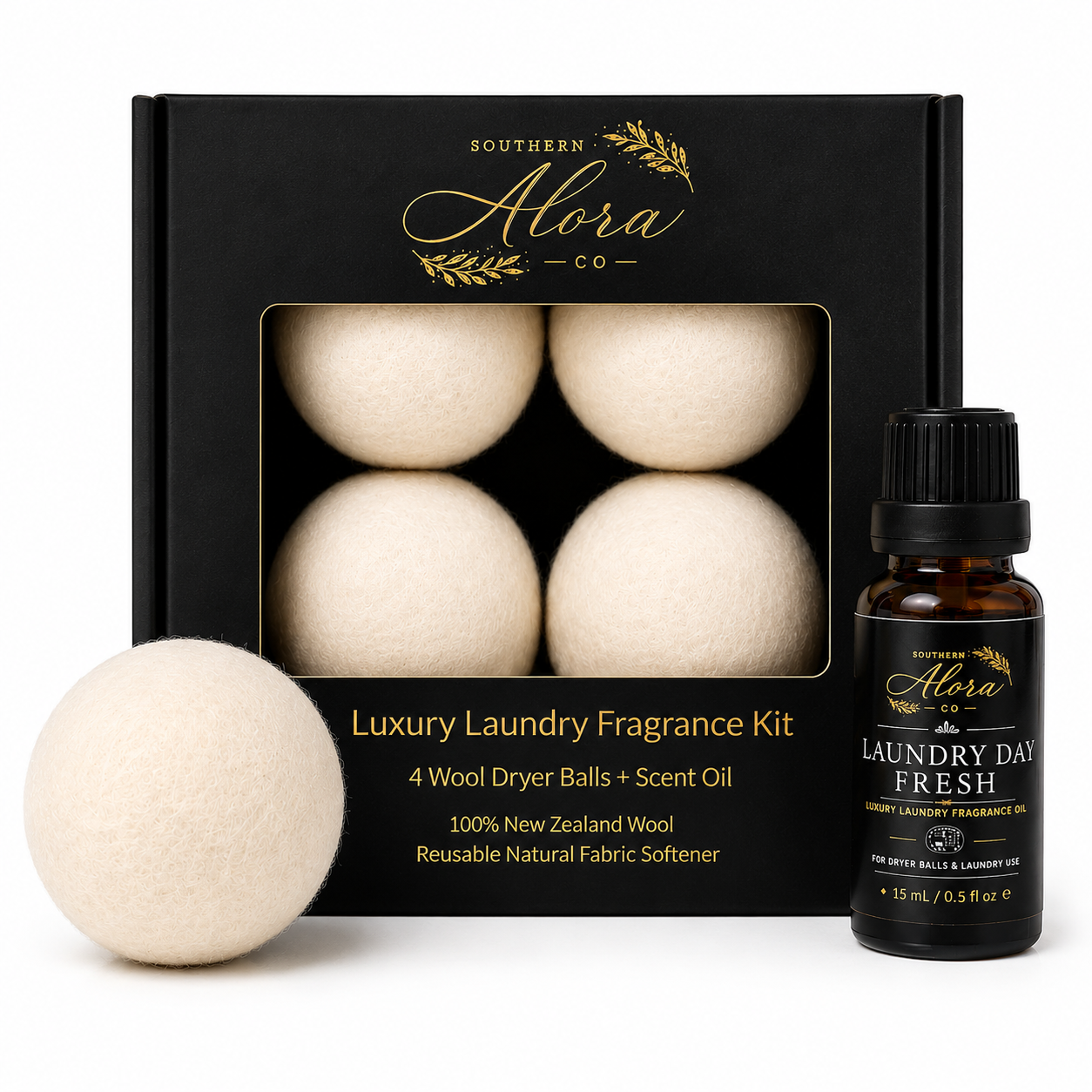 Luxury Laundry Fragrance Kit | 4 Wool Dryer Balls + Scent Oil | Southern Alora Co