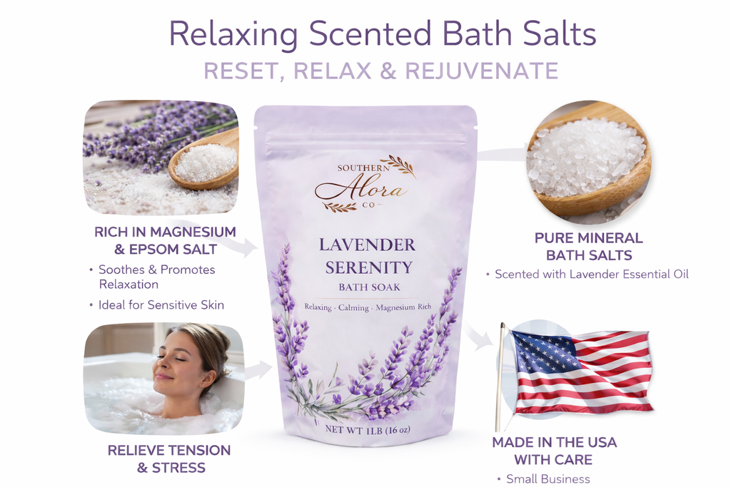 Lavender Serenity Mineral Bath Soak – Epsom & Dead Sea Salt Lavender Bath Salts | 1 lb | Southern Alora