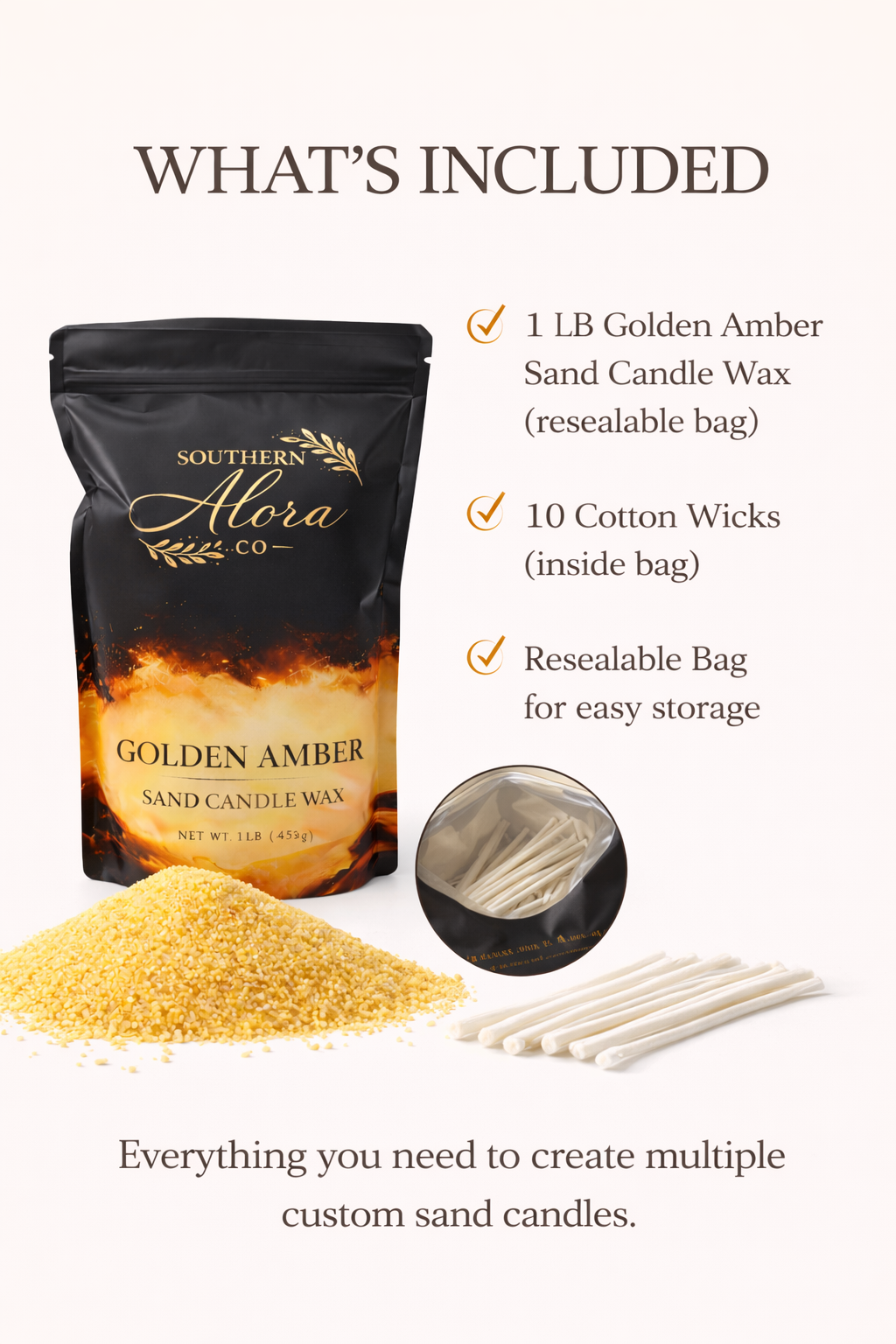 Sanded Candle Wax – Golden Amber Scent with 10 Cotton Wicks Included
