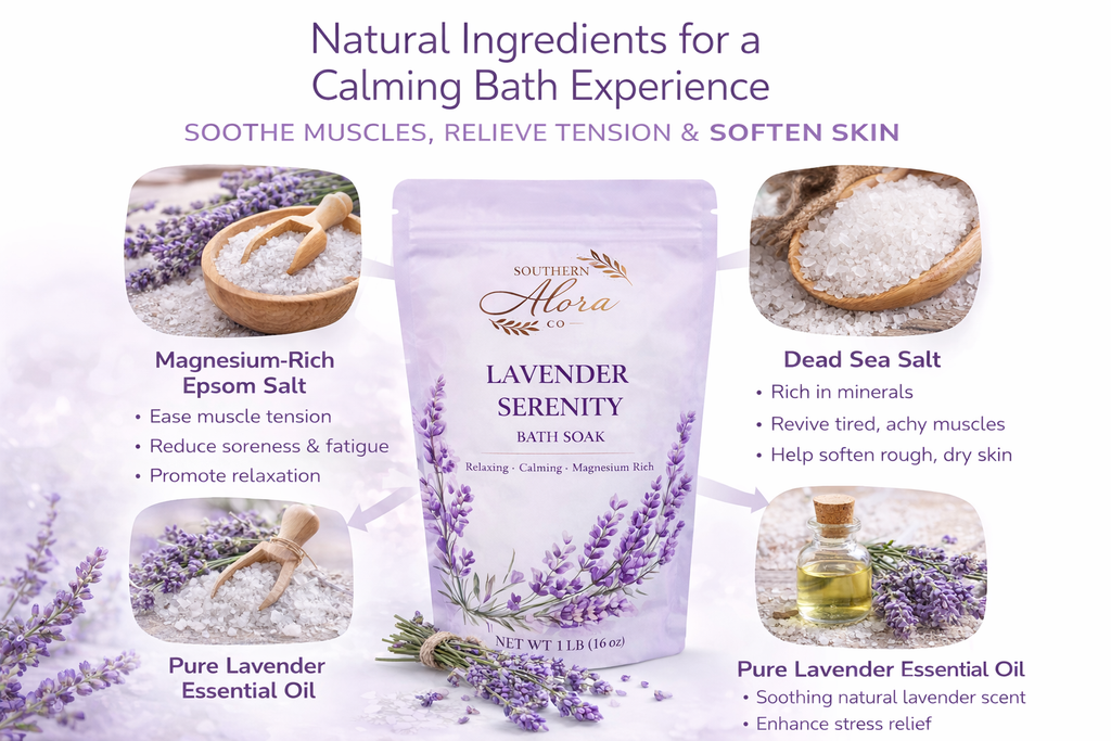 Lavender Serenity Mineral Bath Soak – Epsom & Dead Sea Salt Lavender Bath Salts | 1 lb | Southern Alora