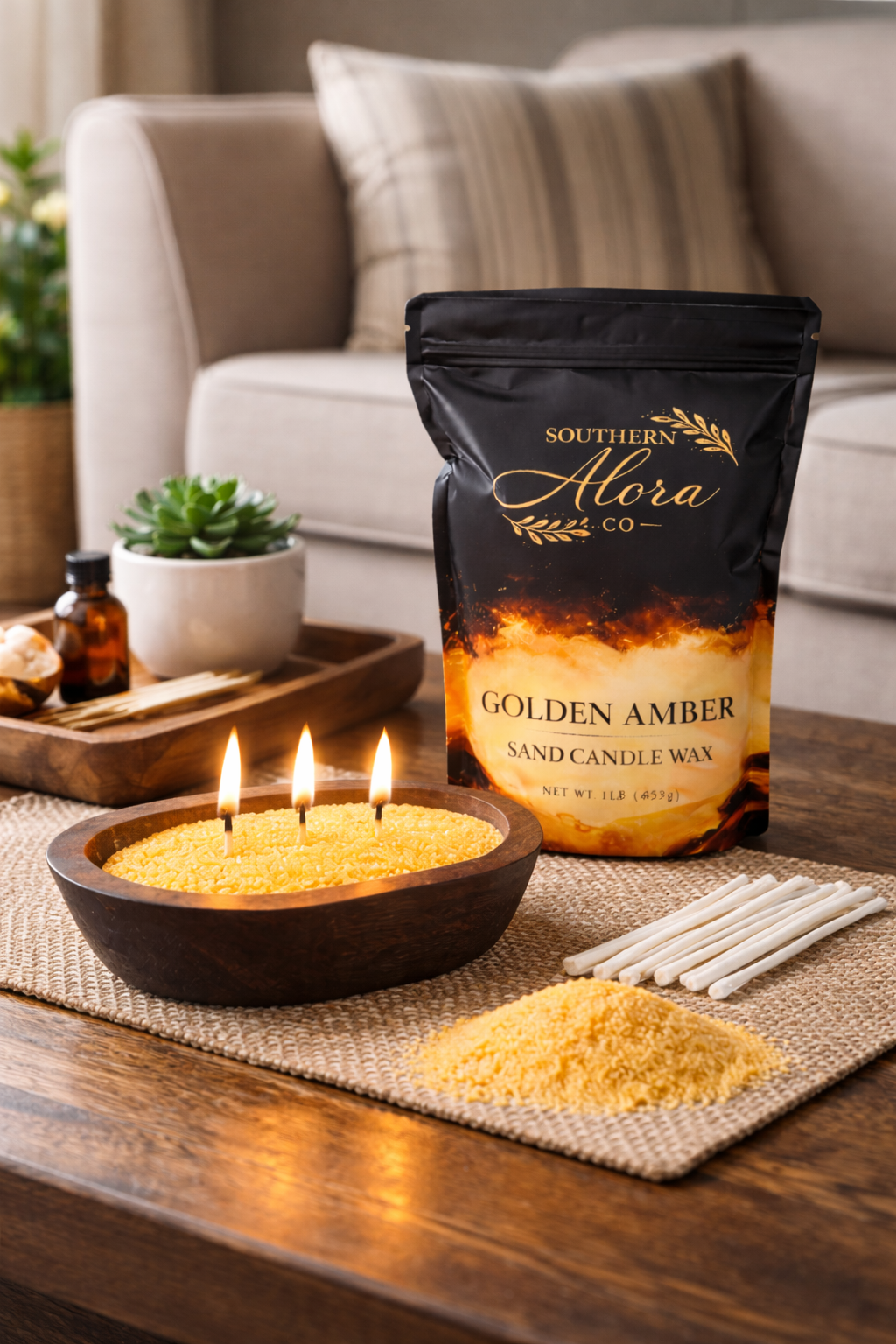 Sanded Candle Wax – Golden Amber Scent with 10 Cotton Wicks Included