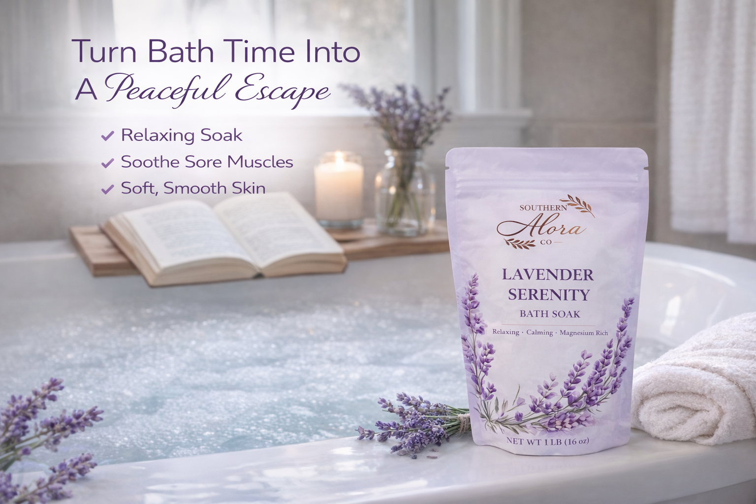 Lavender Serenity Mineral Bath Soak – Epsom & Dead Sea Salt Lavender Bath Salts | 1 lb | Southern Alora