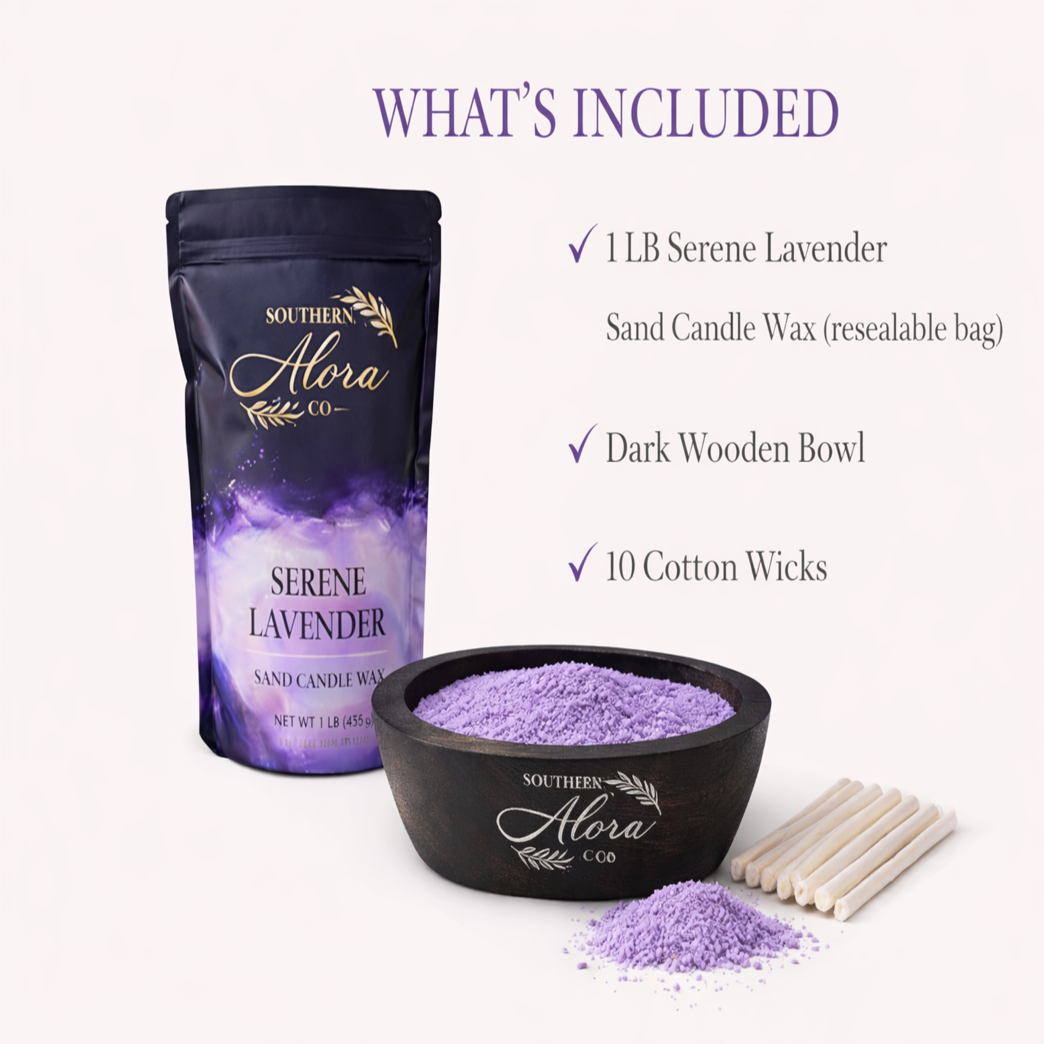 Southern Alora Lavender Sand Candle Kit – Refillable Wax Gift Set with Wooden Bowl & 10 Wicks