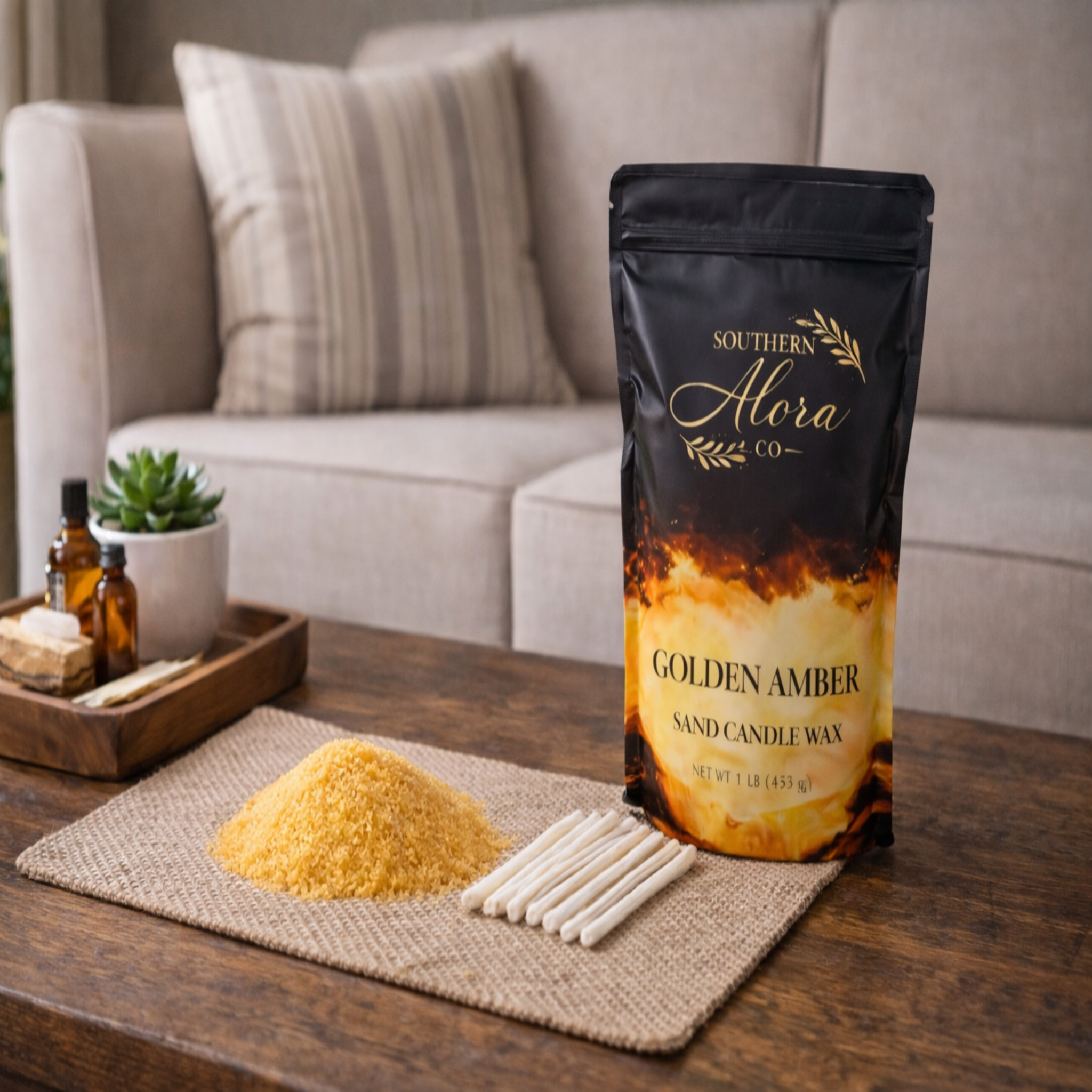 Sanded Candle Wax – Golden Amber Scent with 10 Cotton Wicks Included