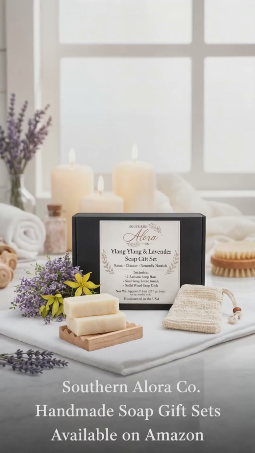 Southern Alora Co Ylang Ylang & Lavender Soap Gift Set – Handmade Soap Bars with Sisal Soap Saver & Wood Soap Dish, Gift Ready