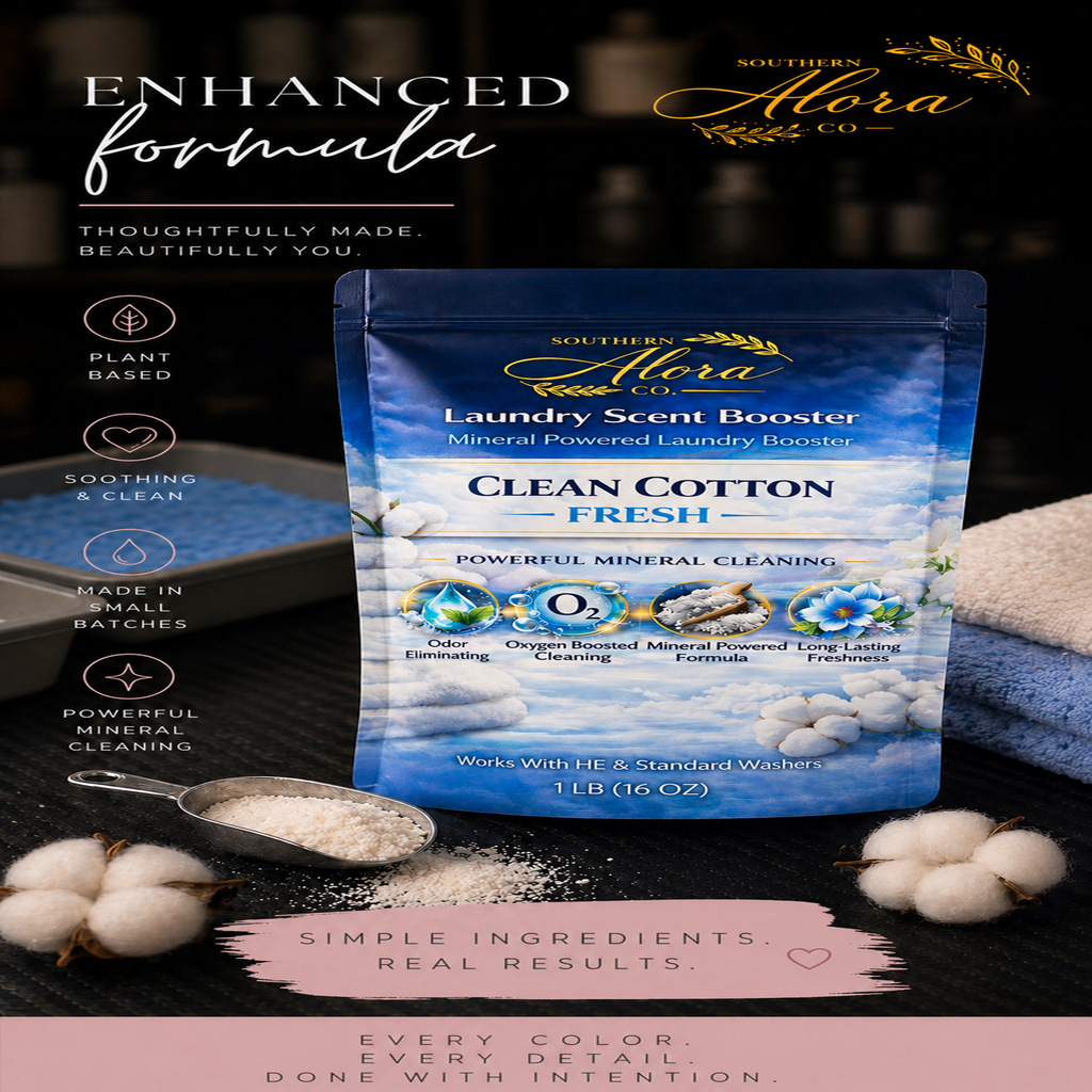 Southern Alora Laundry Scent Booster – Clean Cotton Fresh | Oxygen Boost Formula | Odor Eliminator + Deep Cleaning Mineral Powder | Long-Lasting Freshness | HE Safe (1 lb
