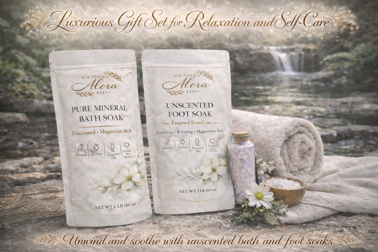 Unscented Bath & Foot Soak Gift Set | Magnesium Mineral Soak | Sensitive Skin Friendly | Southern Alora Co